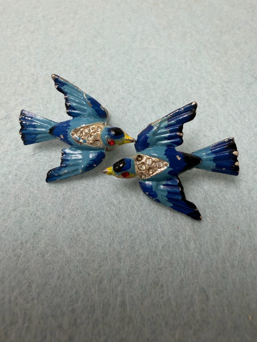 Vintage CORO Hand Painted Swallows Blue Bird Crystal Earrings